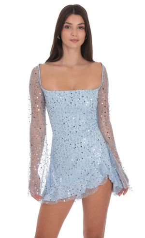 light blue long sleeve homecoming dress Sky Blue V Neck A-line Long Prom Dress with Long Sleeves