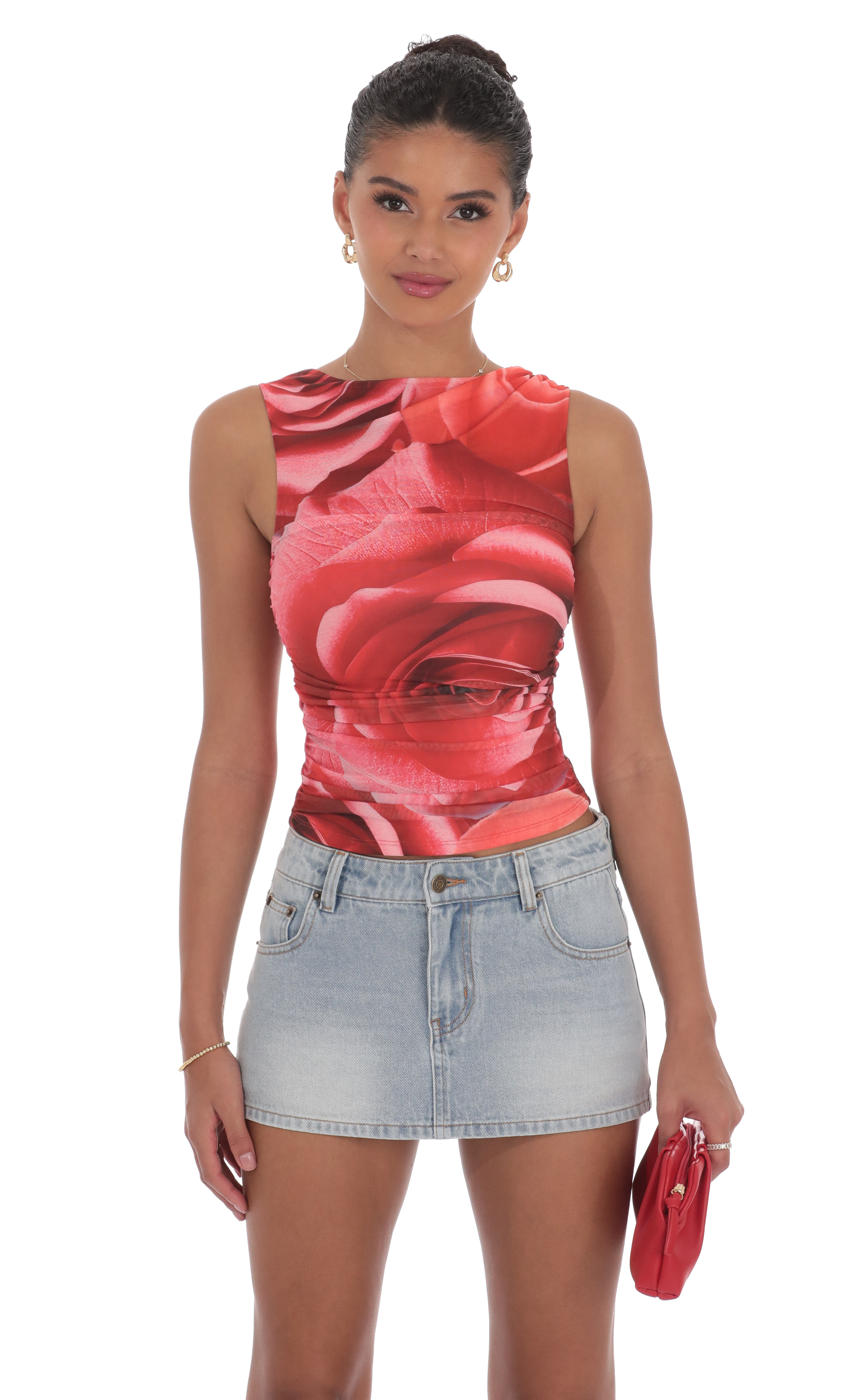 Mesh Rose High Neck Top in Red