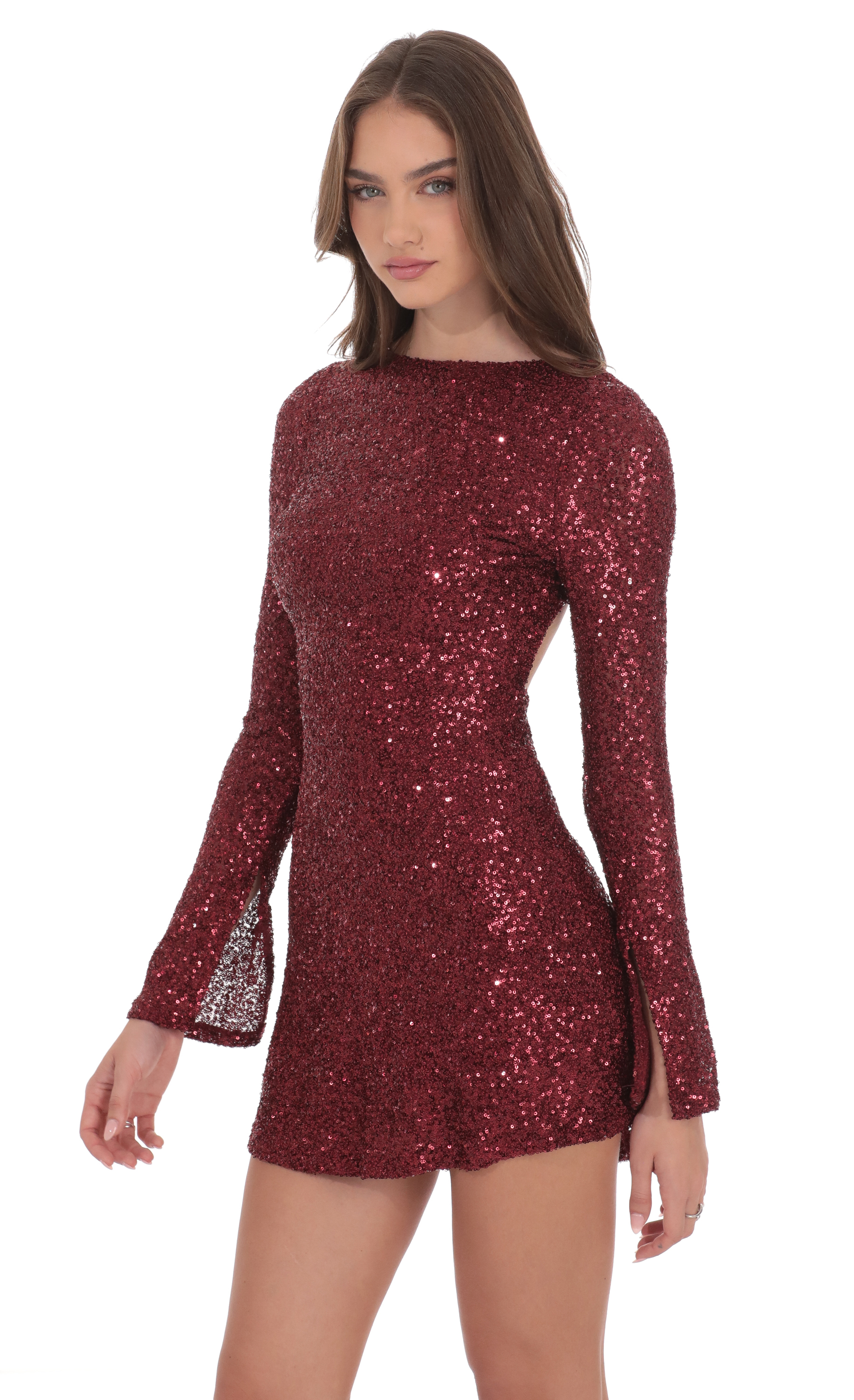 Sequin Long Sleeve Open Back Dress in Maroon