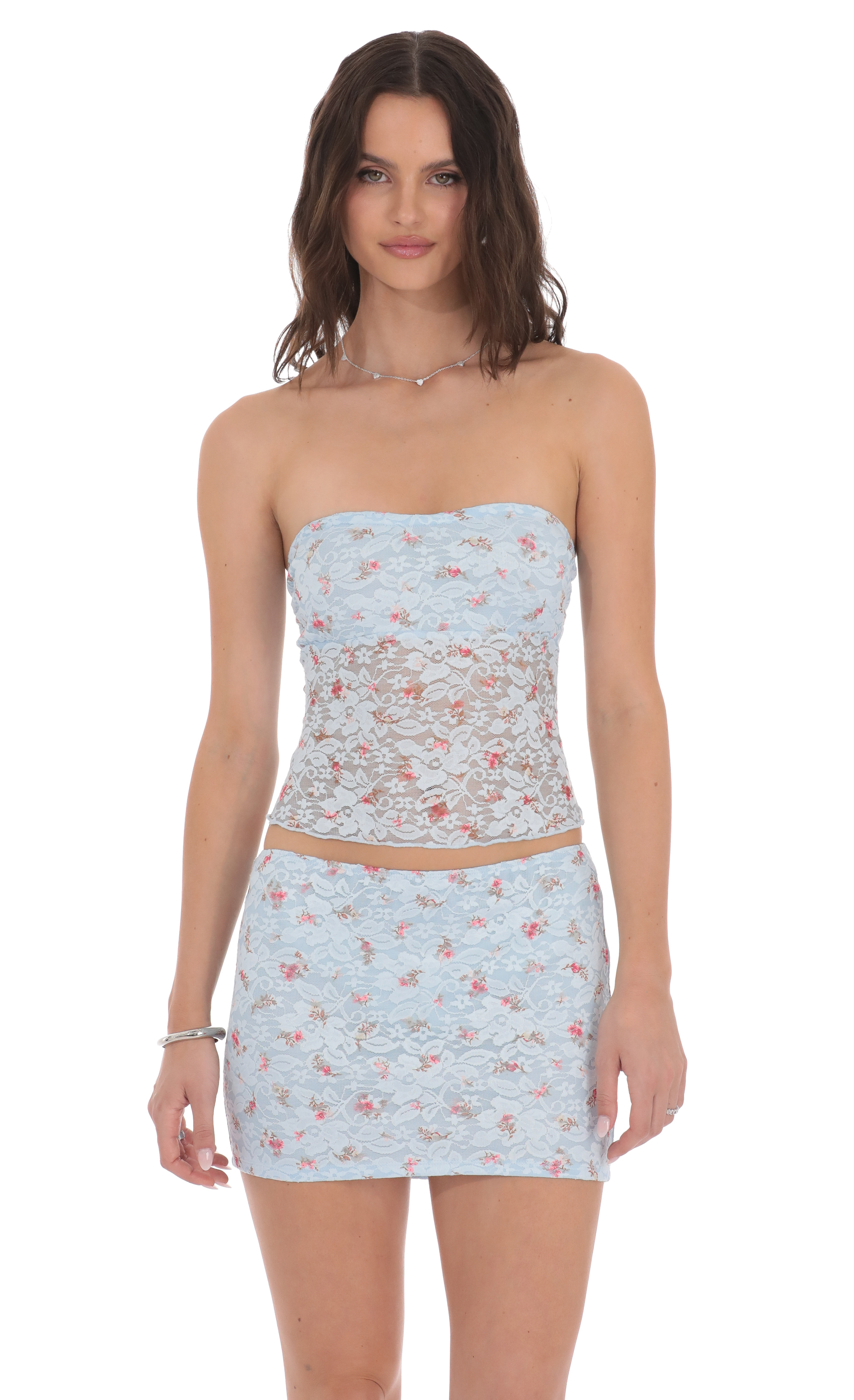 Floral Lace Bodycon Two Piece Set in Blue