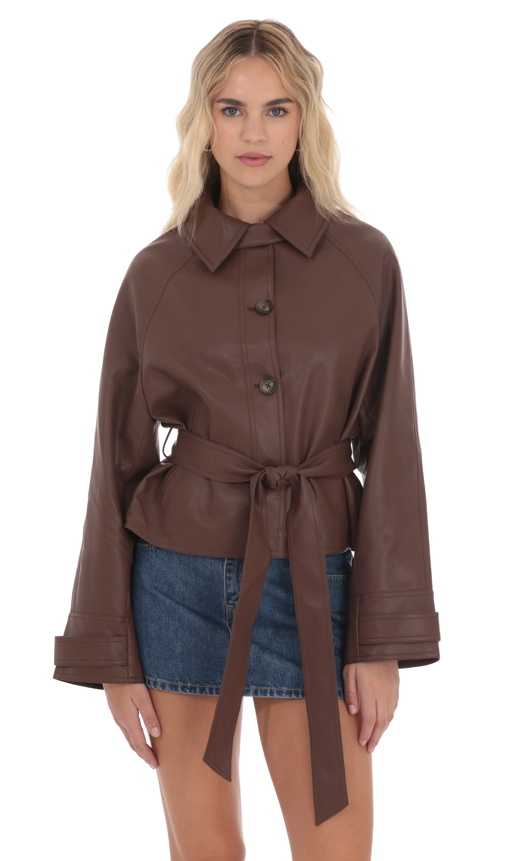 Belted Faux Leather Jacket in Black