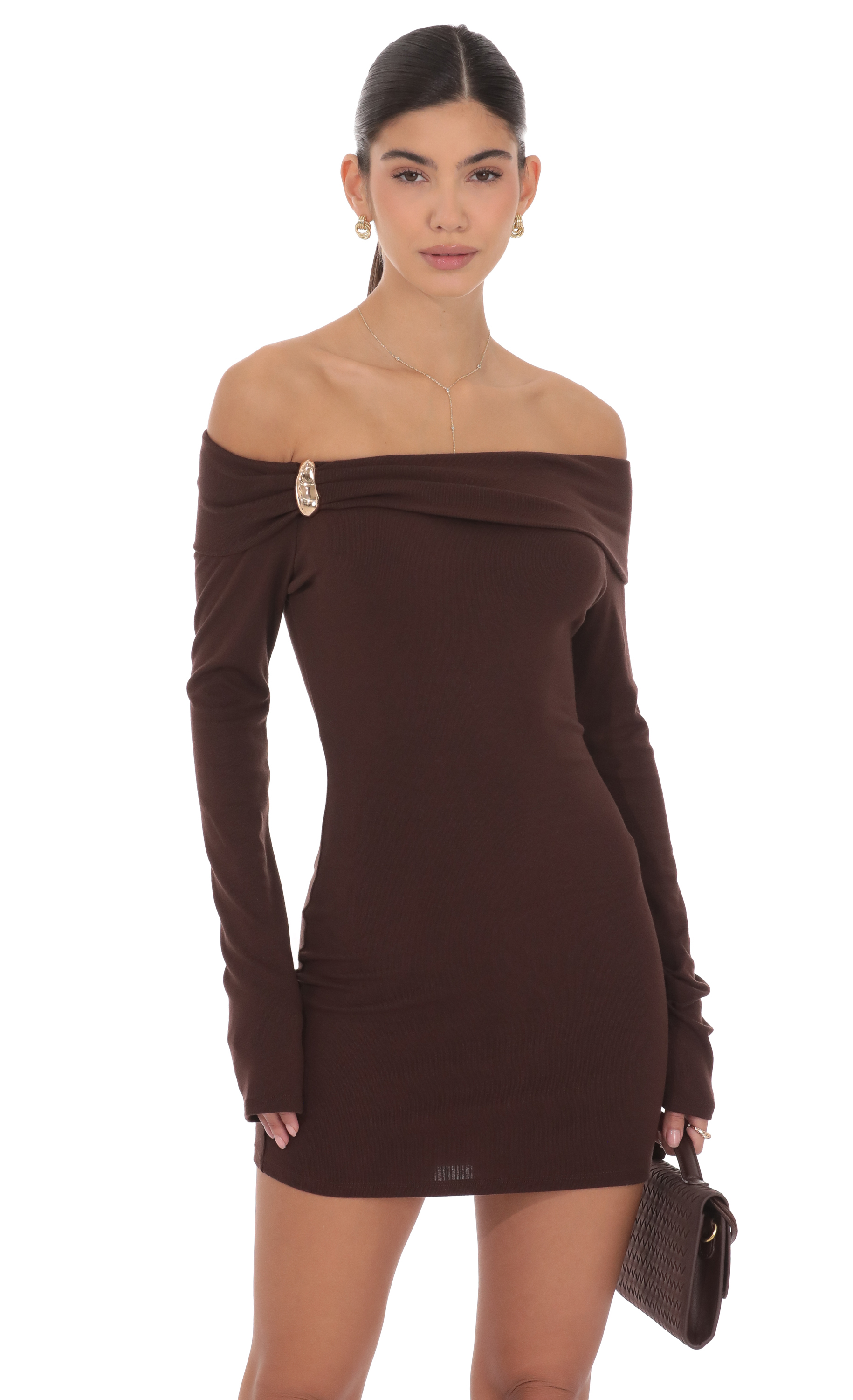Charmed Off Shoulder Dress in Brown