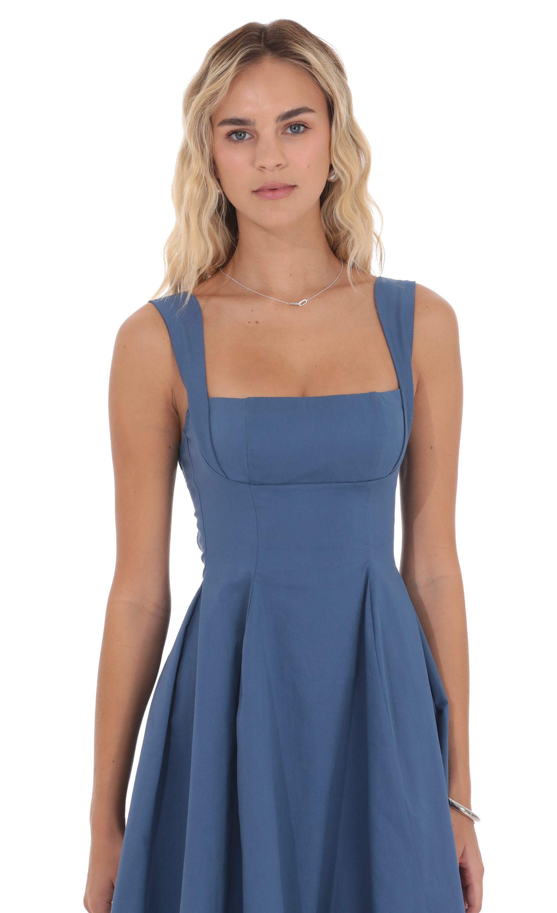 Square Neck Flare Midi Dress in Denim Blue Square Neck Flare Midi Dress in Denim Blue