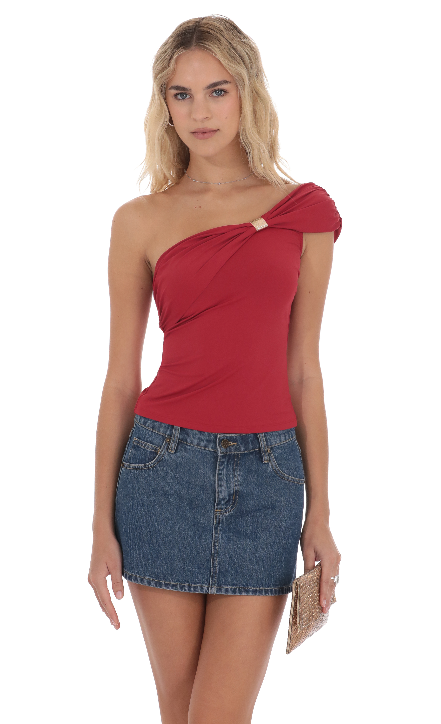 Embellished Capped One Shoulder Top in Red