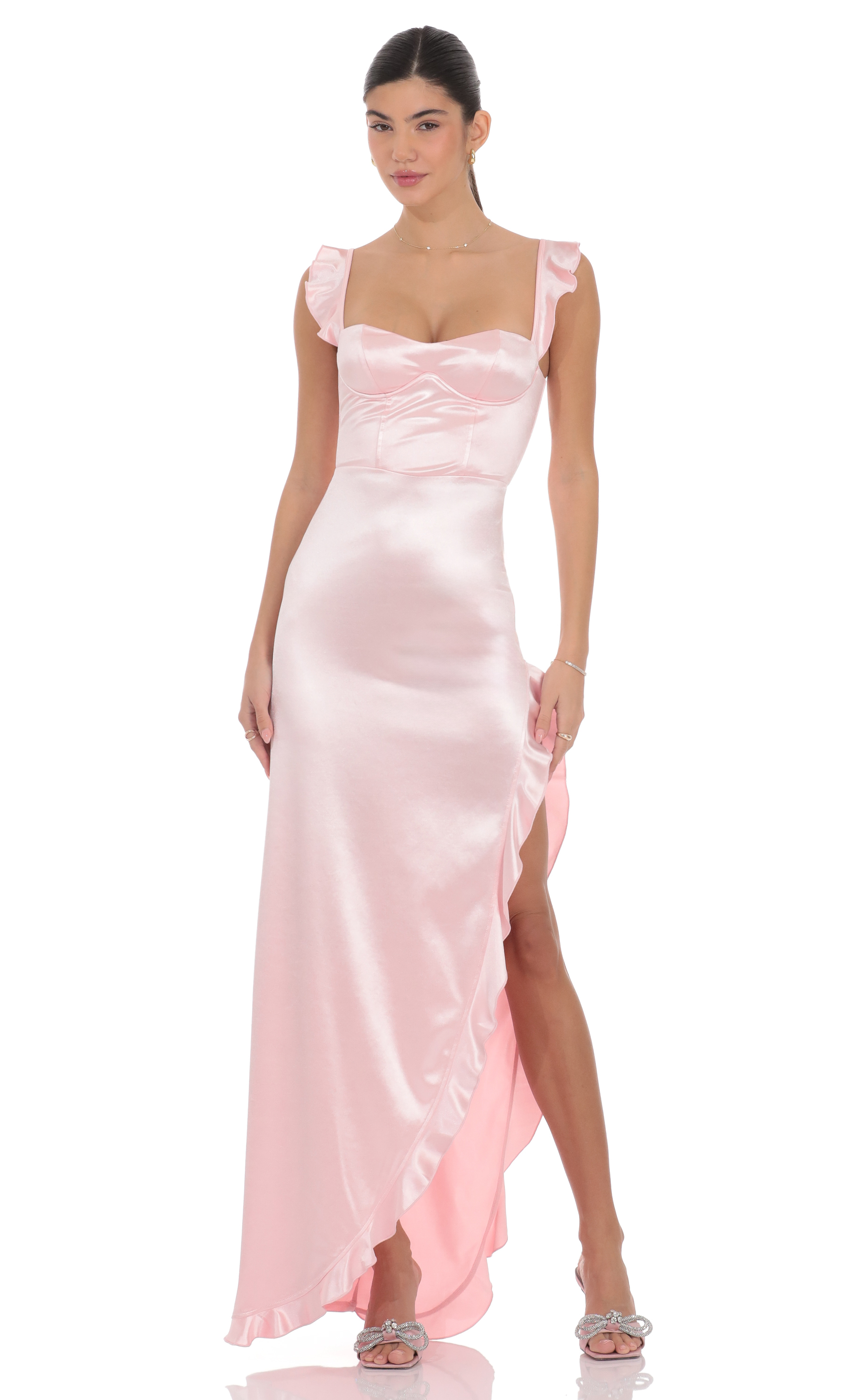 Satin Ruffle Maxi Dress in Pink