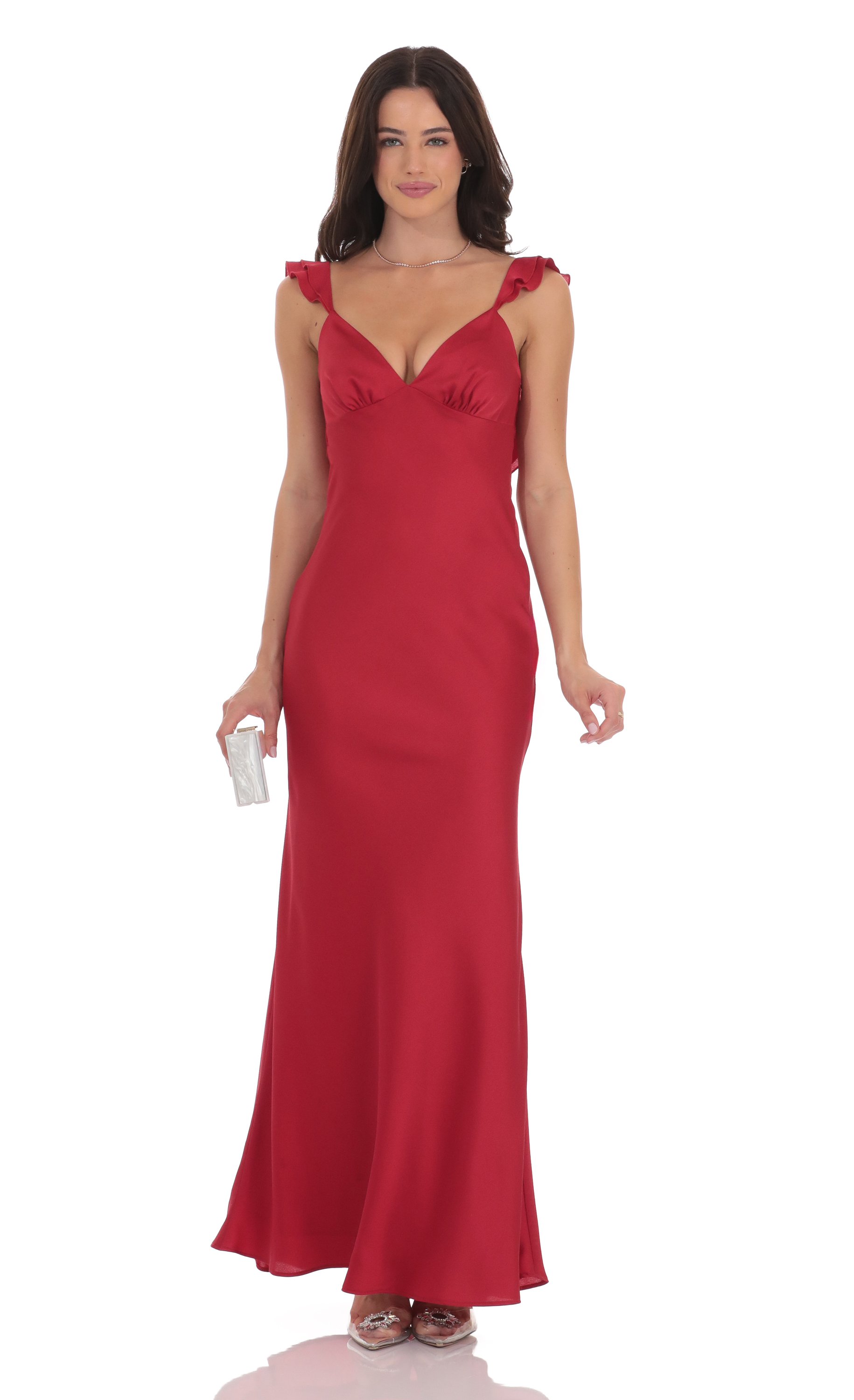 lucy in the sky red maxi dress Satin Front Twist Strappy Maxi Dress in Red