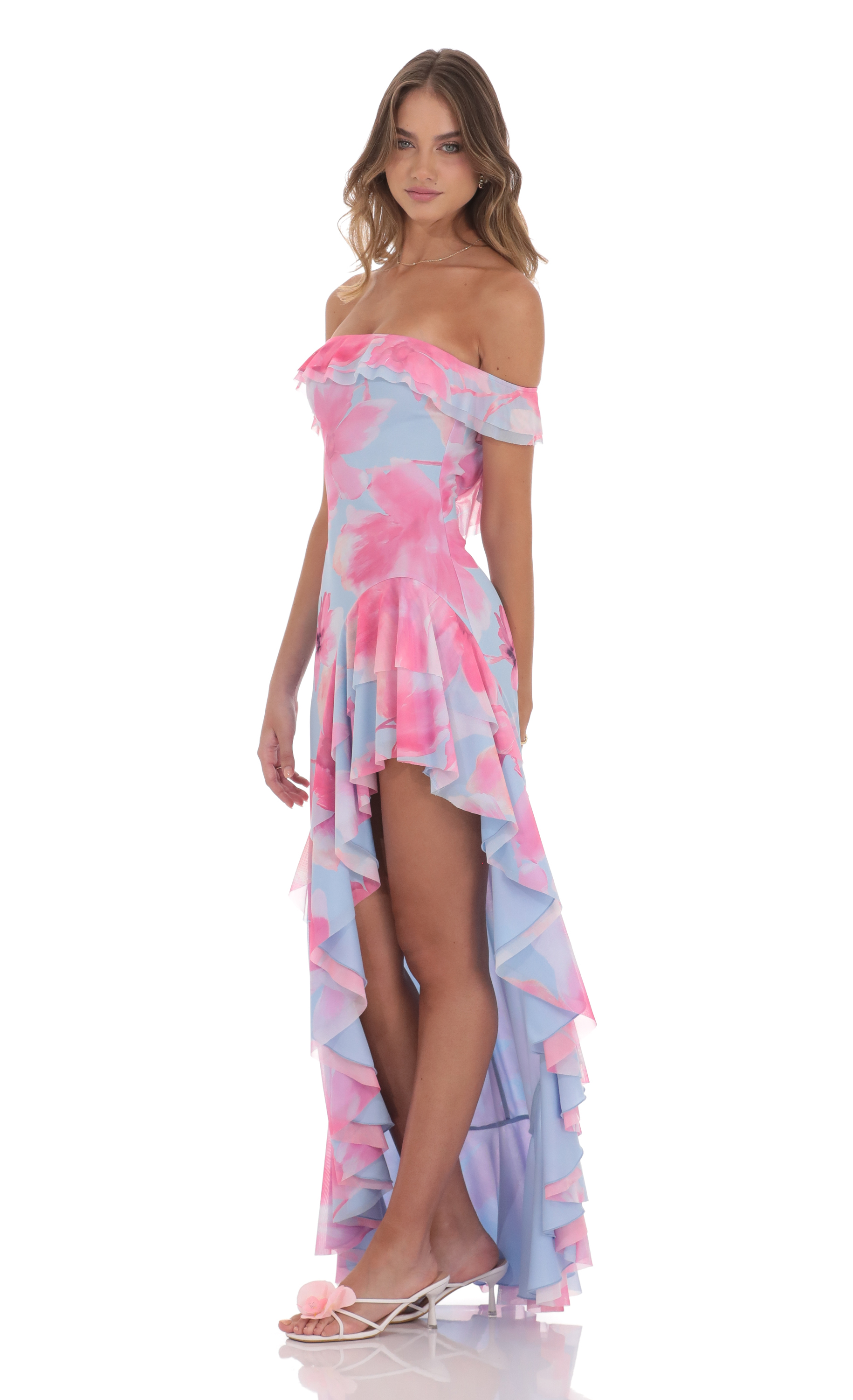 Off Shoulder Floral Maxi Dress in Pink and Blue