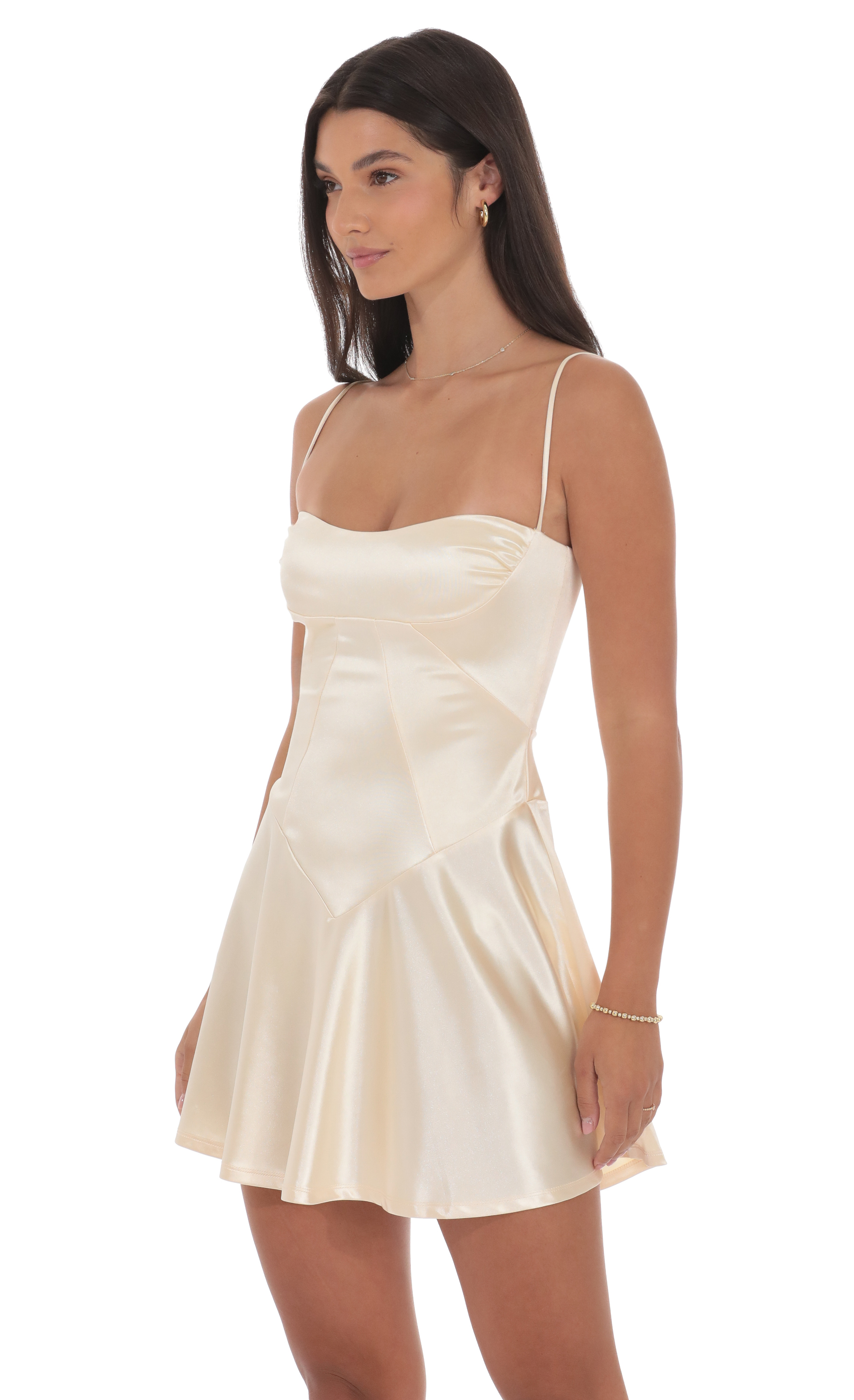 Satin V-Drop Waist Dress in Champagne Satin V-Drop Waist Dress in Champagne