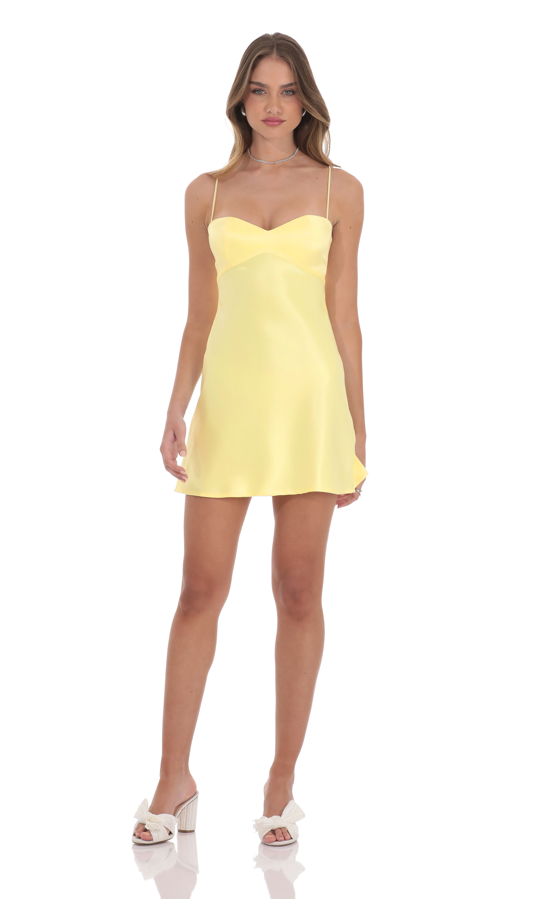Satin Sweetheart Neck Dress In Yellow