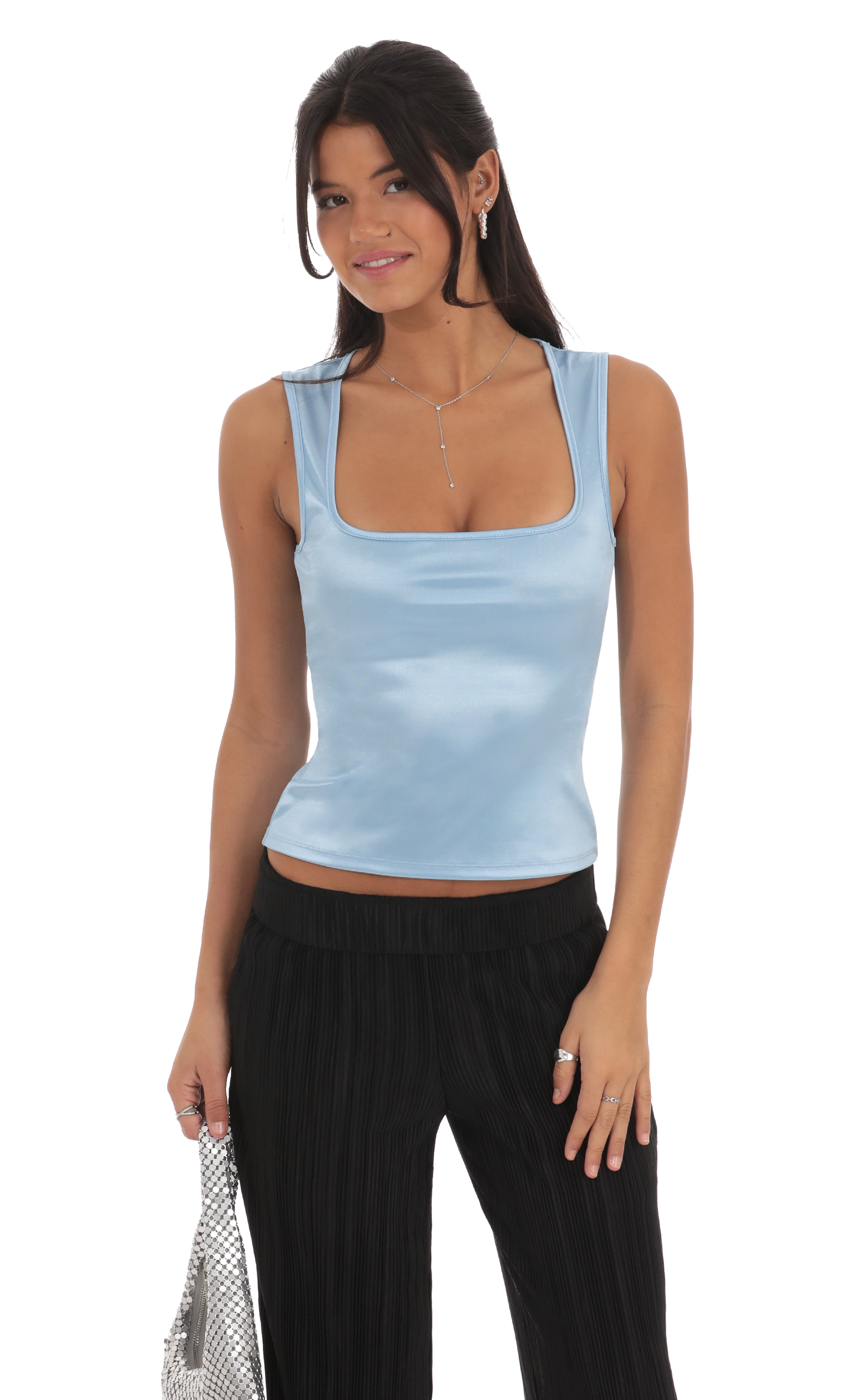 Satin Square Neck Top in Sky Blue