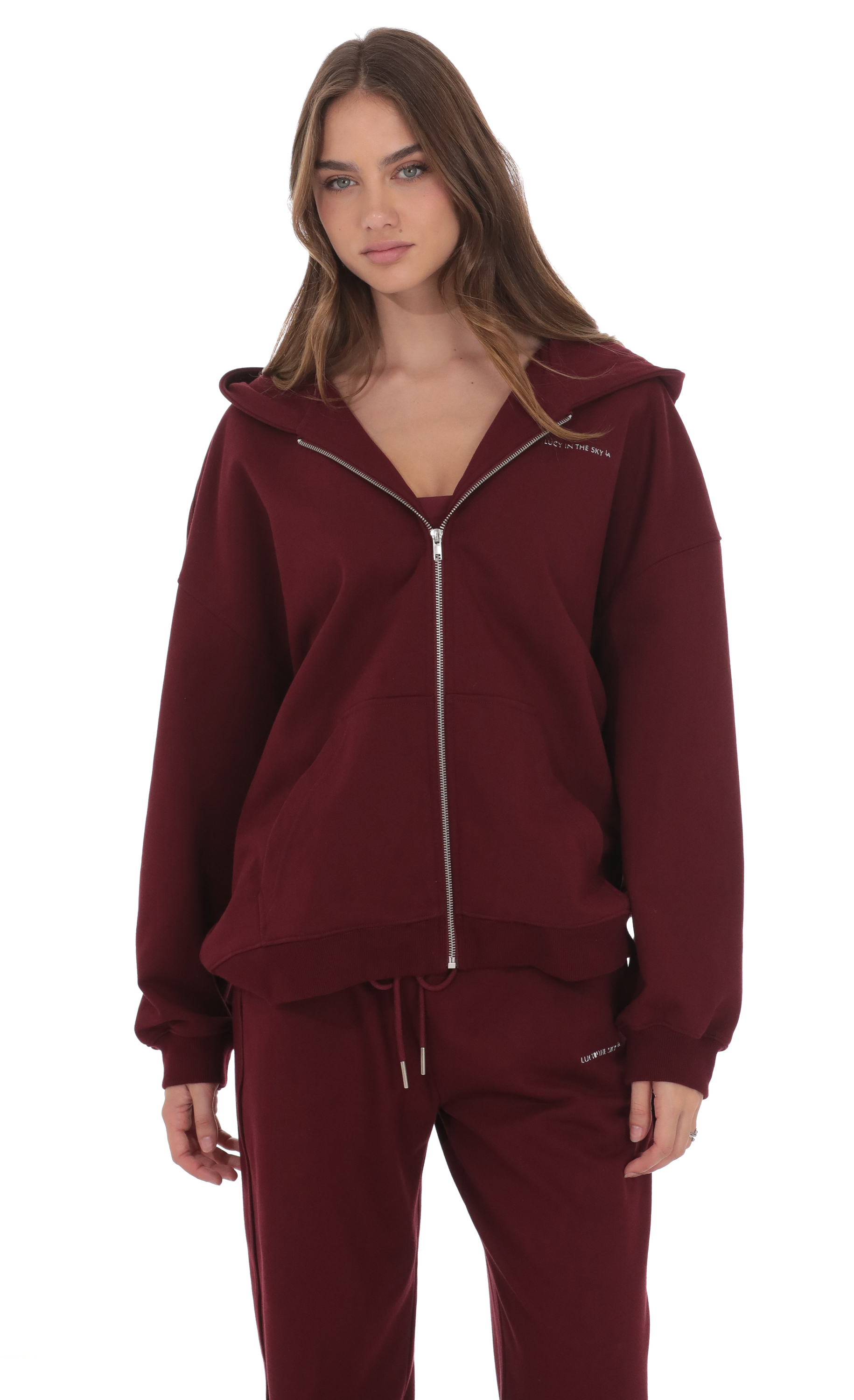 Oversize Zip-Up Hoodie in Burgundy