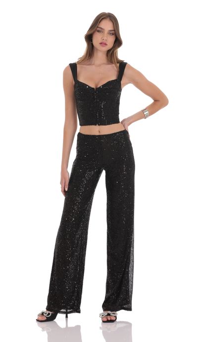 Black Sequin Piece Set Long Sleeve Sequin Two Piece Dress Black White