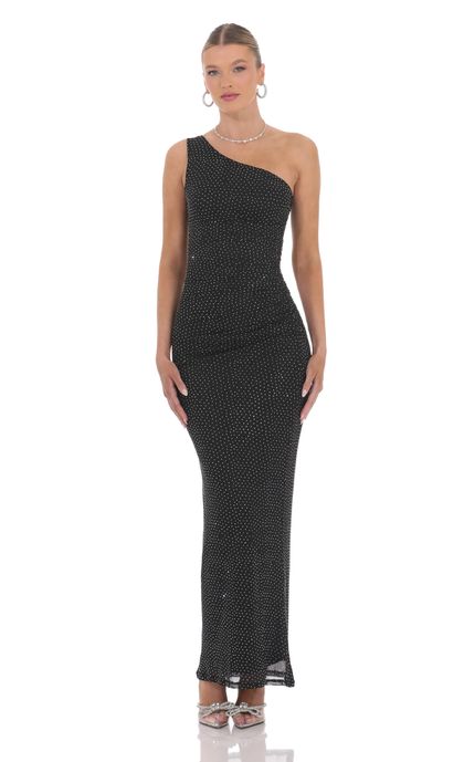 One Shoulder Rhinestone Maxi Dress in Black | LUCY IN THE SKY