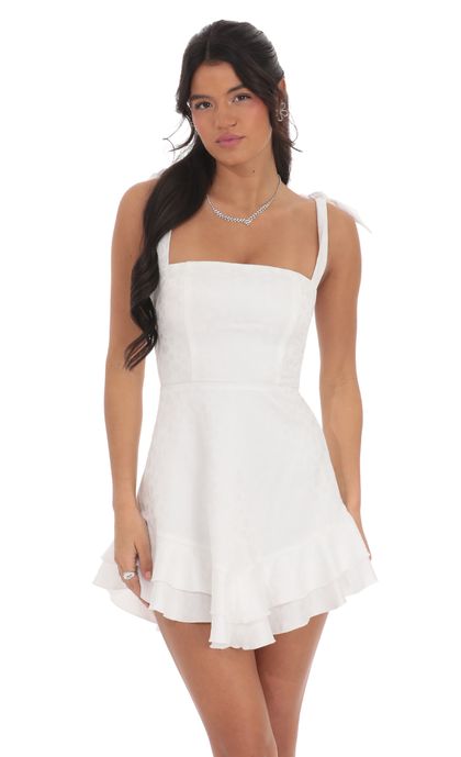 Floral Jacquard Ruffle A-line Dress in White | LUCY IN THE SKY