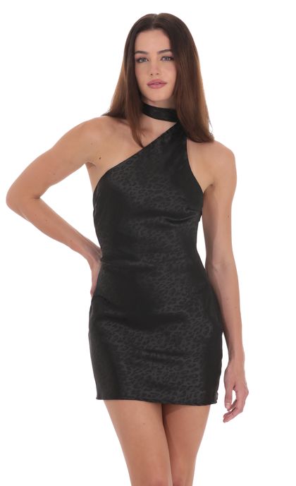 Leopard Jacquard Scarf Halter Dress in Black | LUCY IN THE SKY