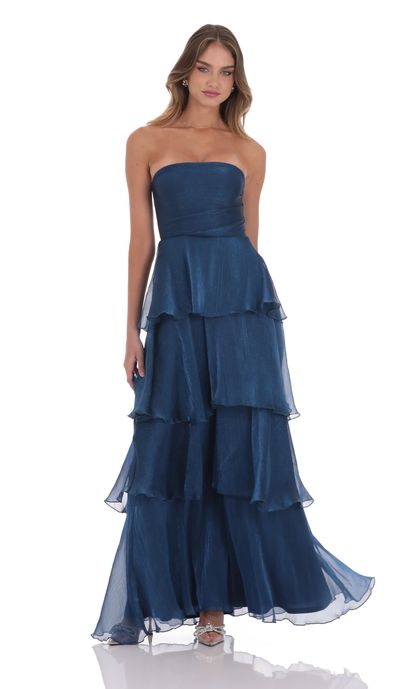 Corset Ruffle Strapless Maxi Dress in Navy | LUCY IN THE SKY