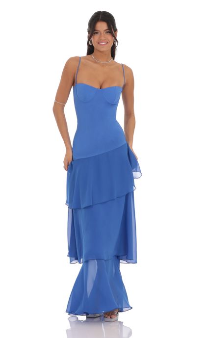 Long Ruffle Maxi Dress in Blue | LUCY IN THE SKY