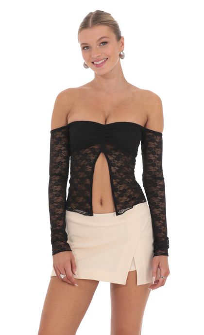 Off Shoulder Lace Flyaway Top in Black | LUCY IN THE SKY