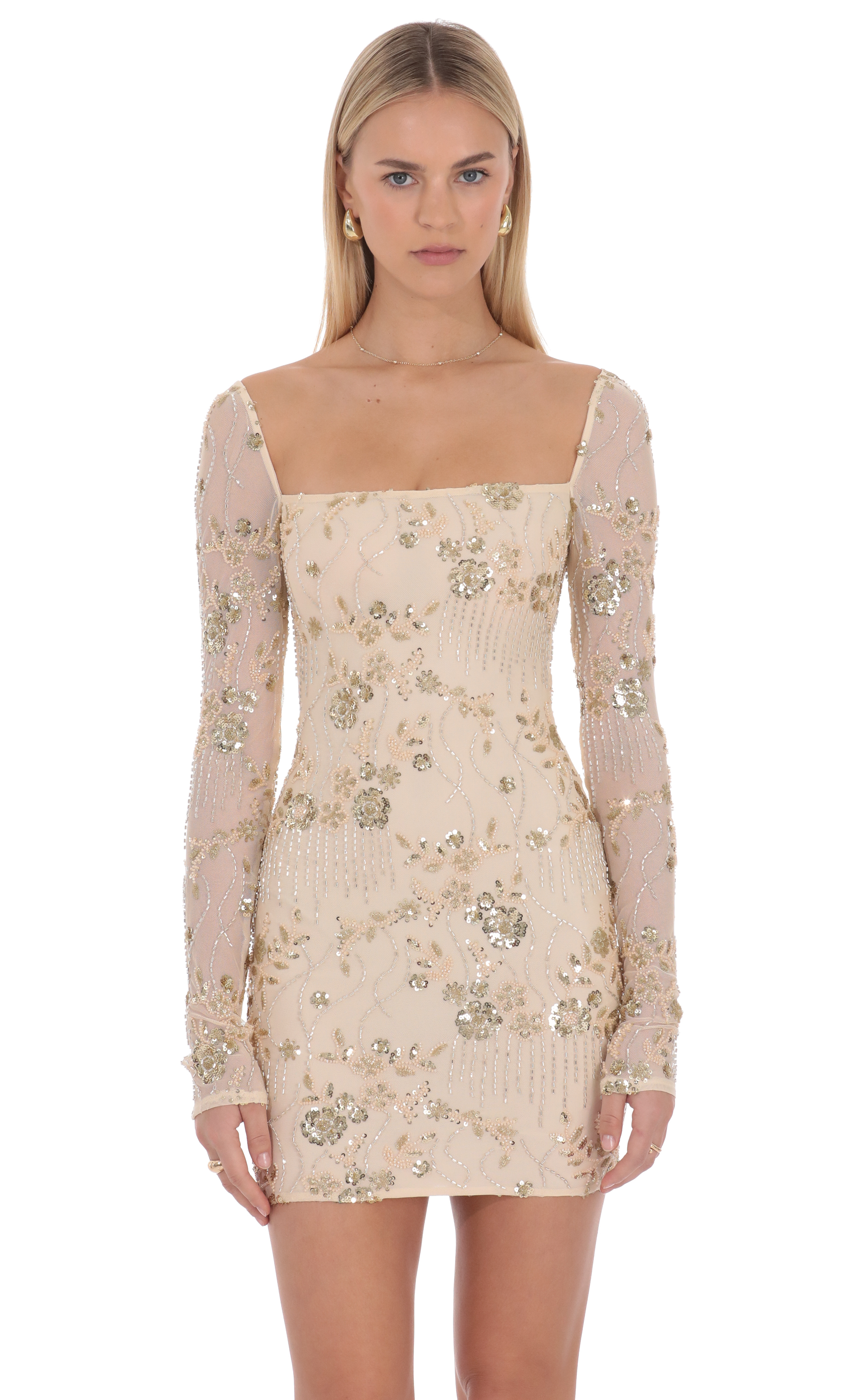 fitted lace wedding dress LOOK EXPENSIVE LONG SLEEVE EMBELLISHED MINI DRESS – AKIRA main image 0