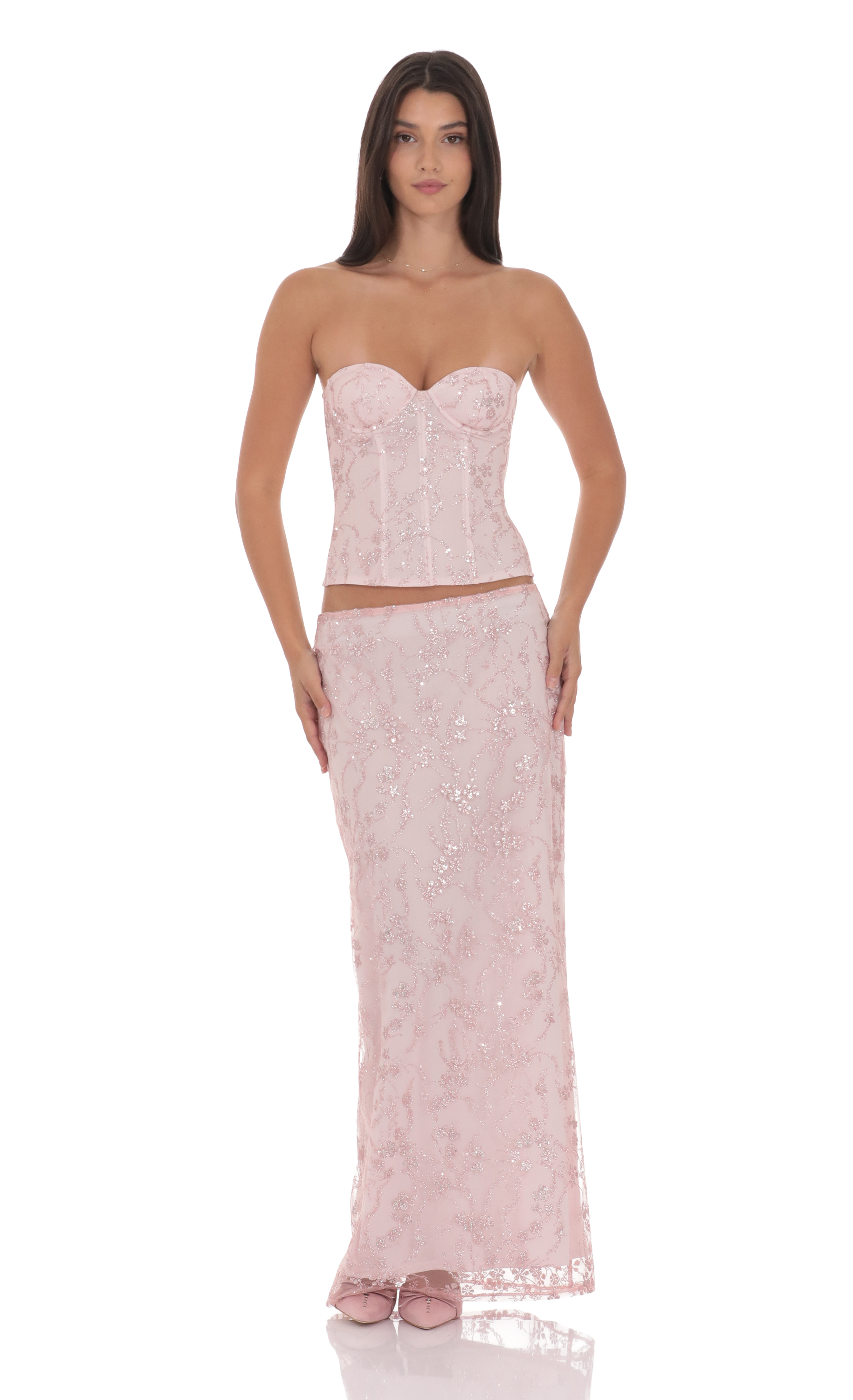 Glitter Floral Maxi Skirt in Pink