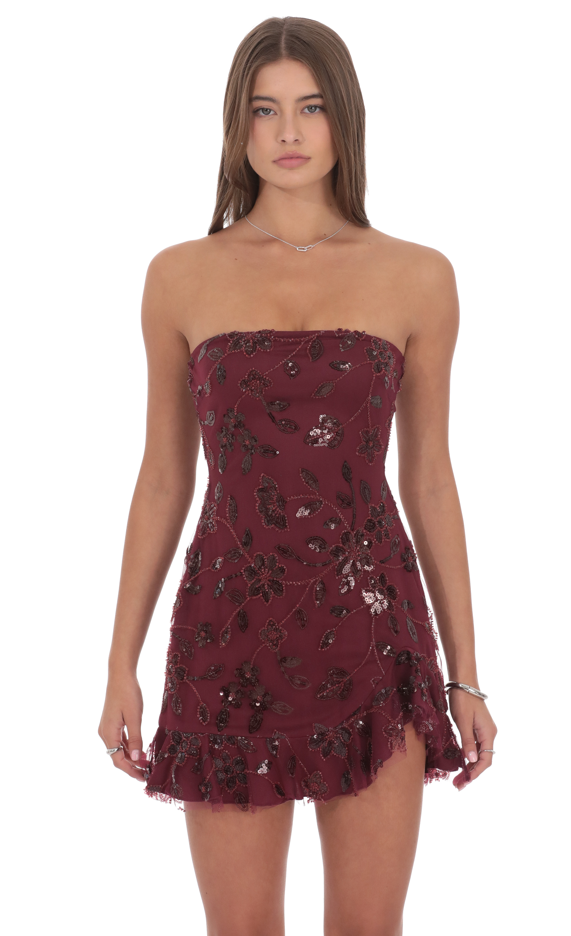 Strapless Sequin Floral Ruffle Dress in Burgundy