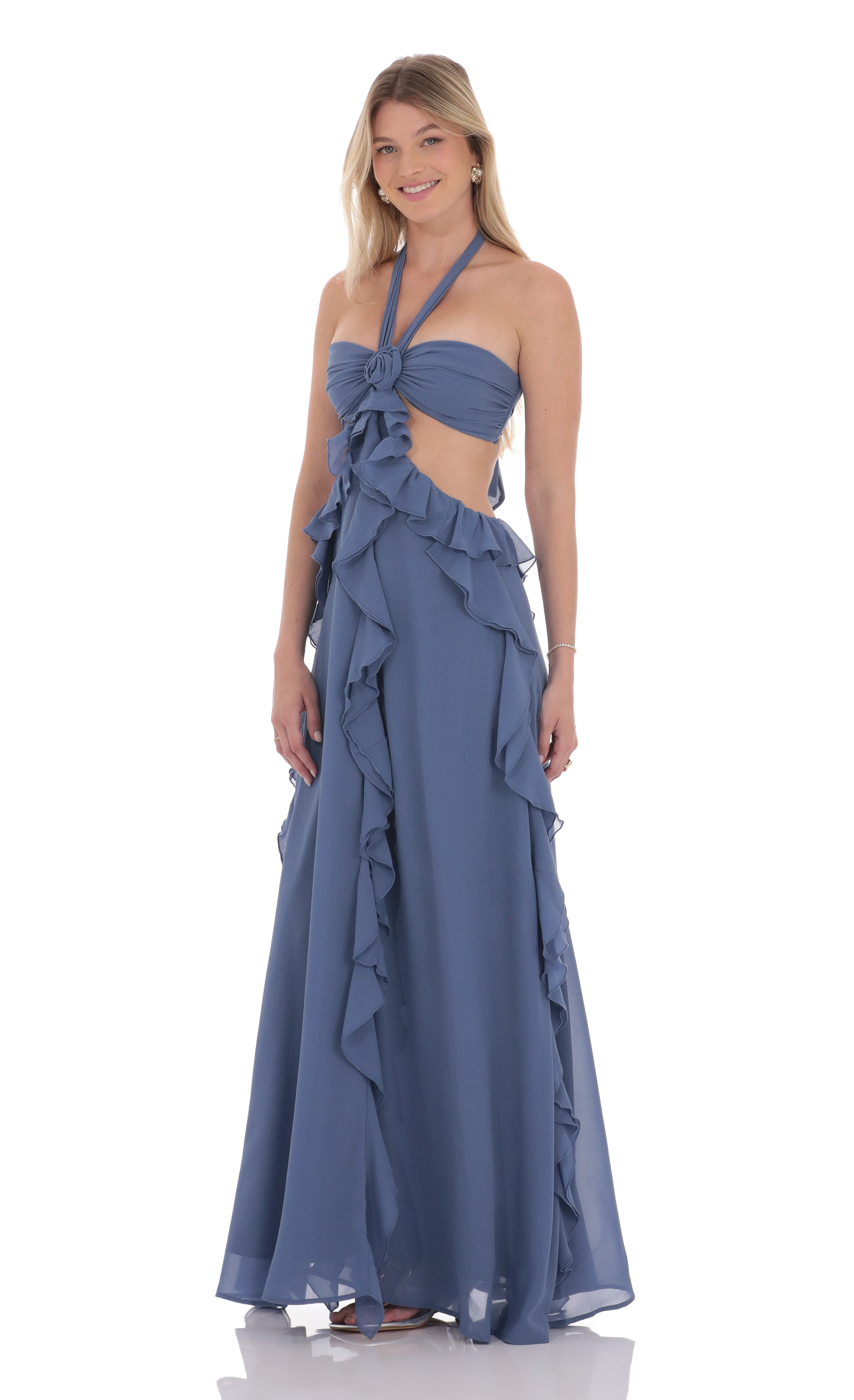 Chiffon Cutout Ruffle Maxi Dress in Blue | LUCY IN THE SKY