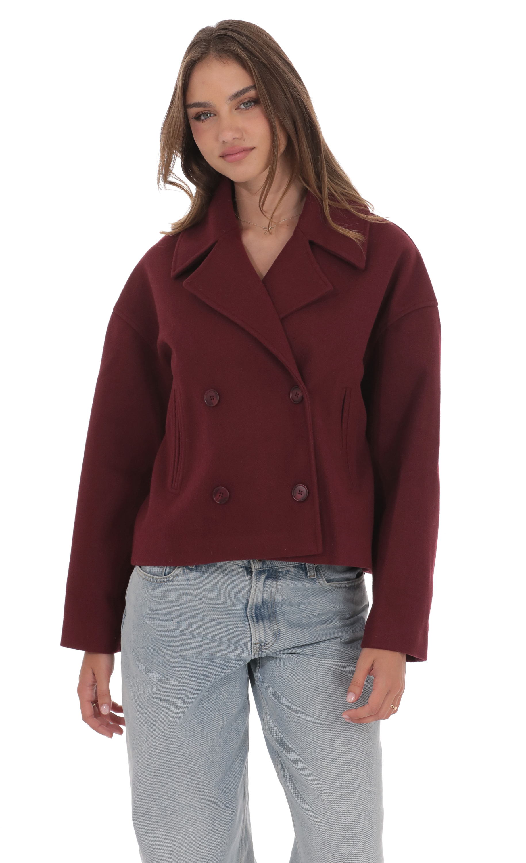 Double Breasted Short Trench in Burgundy