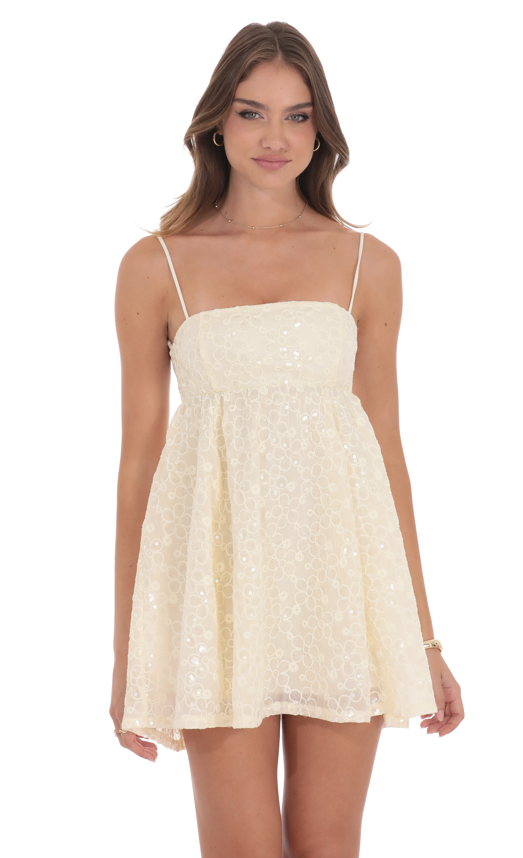 Floral Sequin Babydoll Dress in Cream