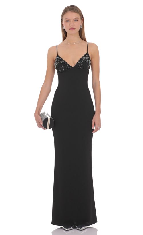 Satin Square Neck Maxi Dress in Black