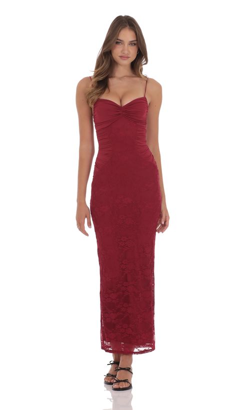 Lace Ruffle Strap Maxi Dress in Wine | LUCY IN THE SKY Lace Ruffle Strap Maxi Dress in Wine | LUCY IN THE SKY