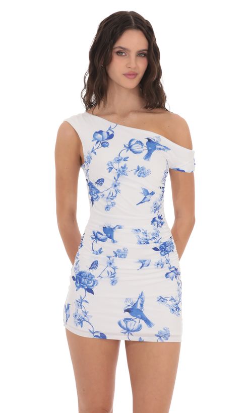 Floral Ruffled Slit Dress in Blue | LUCY IN THE SKY