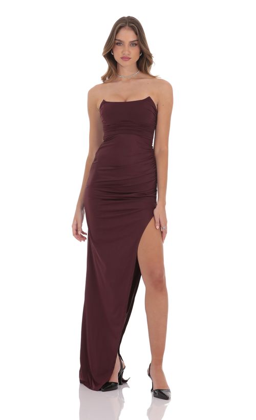 black corset dress long Burgundy Prom Dresses Strapless with Slit main image 0