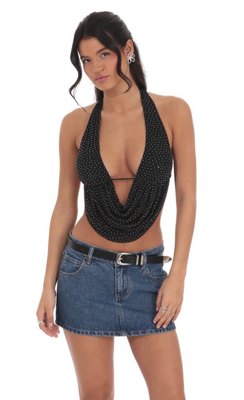 Photo product of Rhinestone Mesh Draped Halter Top in Black