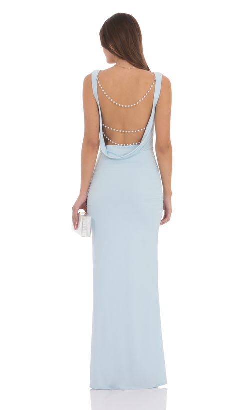 Floral Ruffle Slit Strapless Corset Maxi Dress in Blue Floral Ruffle Slit Strapless Corset Maxi Dress in Blue
