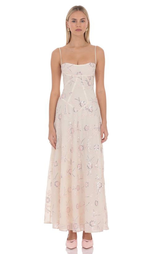 Cherry Blossom Open Back Maxi Dress in Cream | LUCY IN THE SKY
