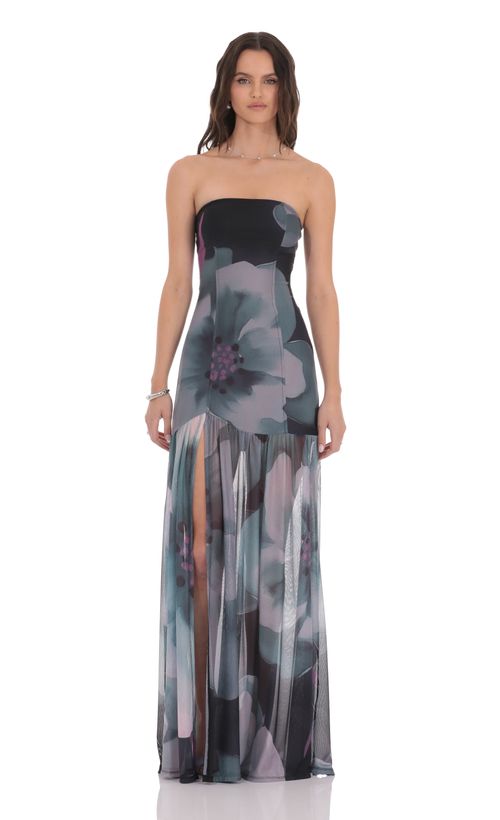 Strapless Mesh Ruffle Slit Dress in Royal Blue | LUCY IN THE SKY