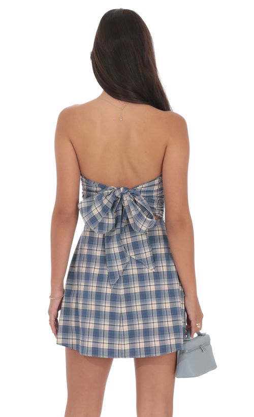 Gingham Strapless Bubble Dress in White and Blue | LUCY IN THE SKY