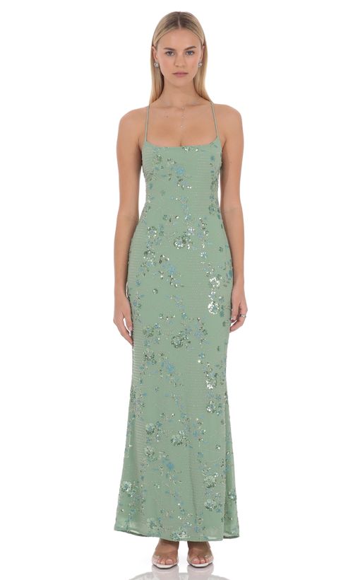 navy blue dress for baby girl Sequin Open Back Maxi Dress in Green main image 1