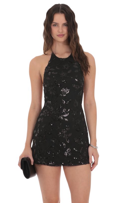 Sequin Floral Mesh Halter Open Back Dress in Mauve | LUCY IN THE SKY