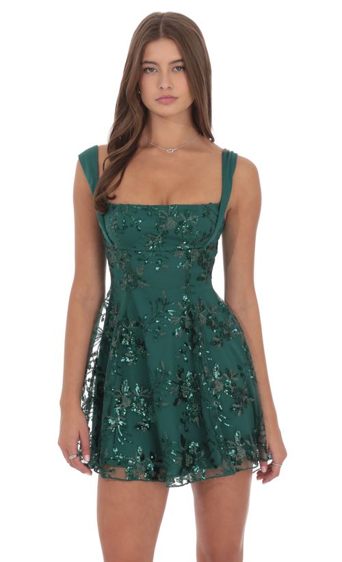 Sequin V-Neck Dress in Green | LUCY IN THE SKY