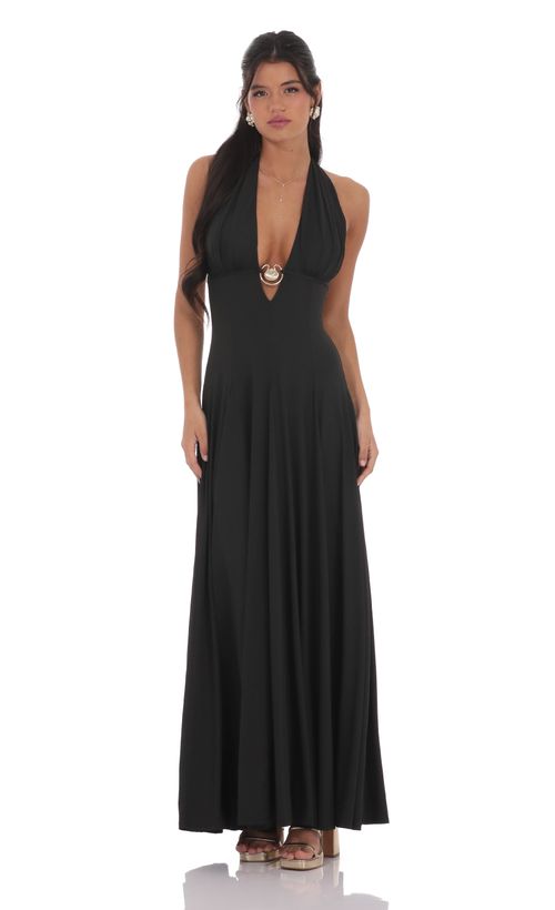 chinese dress ladies Ziggy Black Halter Neck Maxi Dress - US 14