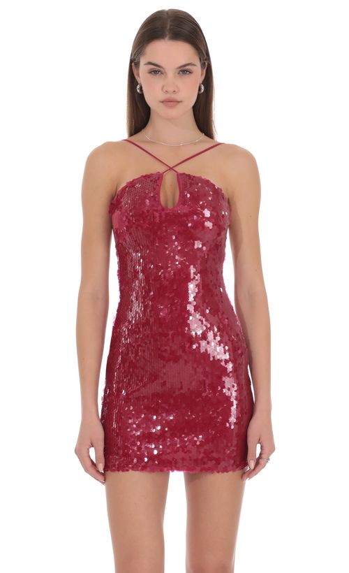 strapless open back dress Women's Mini Dress in Red Sequin Velvet with One Shoulder Design and S –  Liquorish Online main image 1