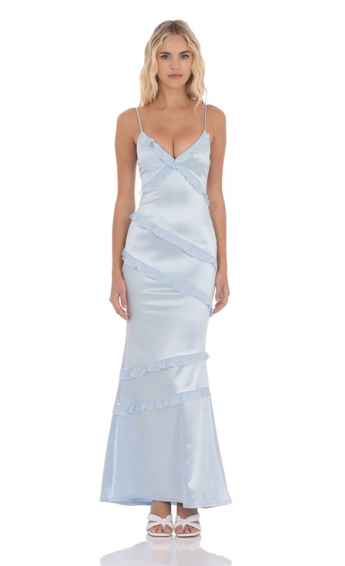 princess polly baby blue dress Blue Lace Satin Maxi Dress – self-portrait