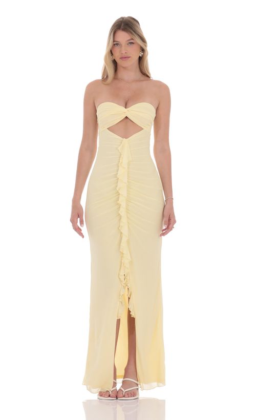 Lace Ruffle Slit Maxi Dress in Yellow | LUCY IN THE SKY