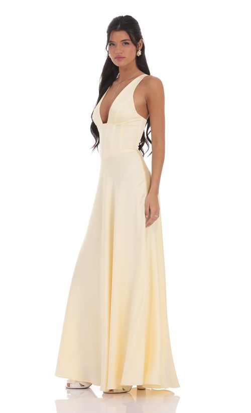 Satin Lace Trim Maxi Dress in Champagne | LUCY IN THE SKY Satin Lace Trim Maxi Dress in Champagne | LUCY IN THE SKY