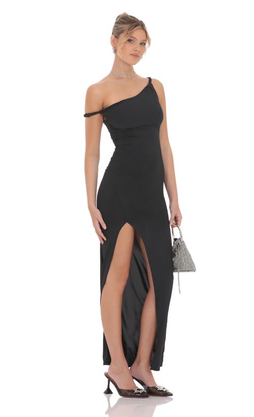 Strapless Ruffle Slit Maxi Dress in Black | LUCY IN THE SKY Strapless Ruffle Slit Maxi Dress in Black | LUCY IN THE SKY