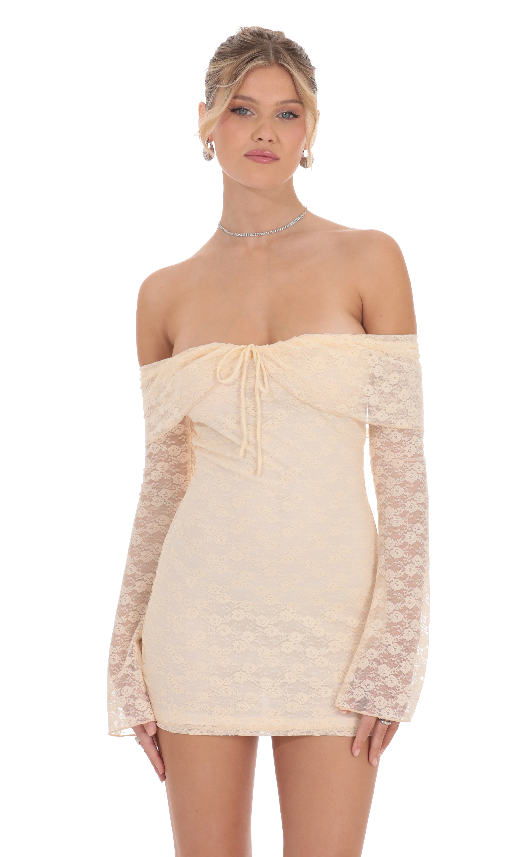 Lace Draped Off Shoulder Dress in Pastel Peach | LUCY IN THE SKY