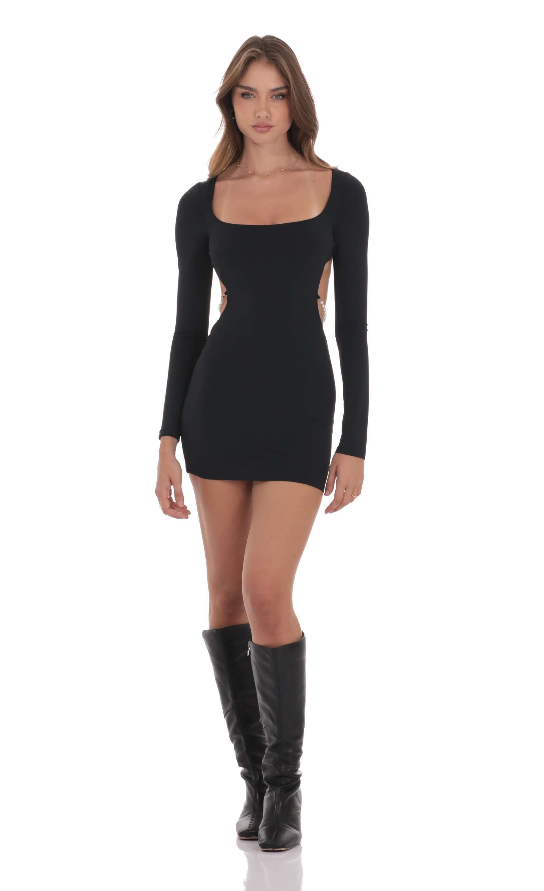 lucy in the sky black bodycon dress Pearl Open Back Bodycon Dress in Black