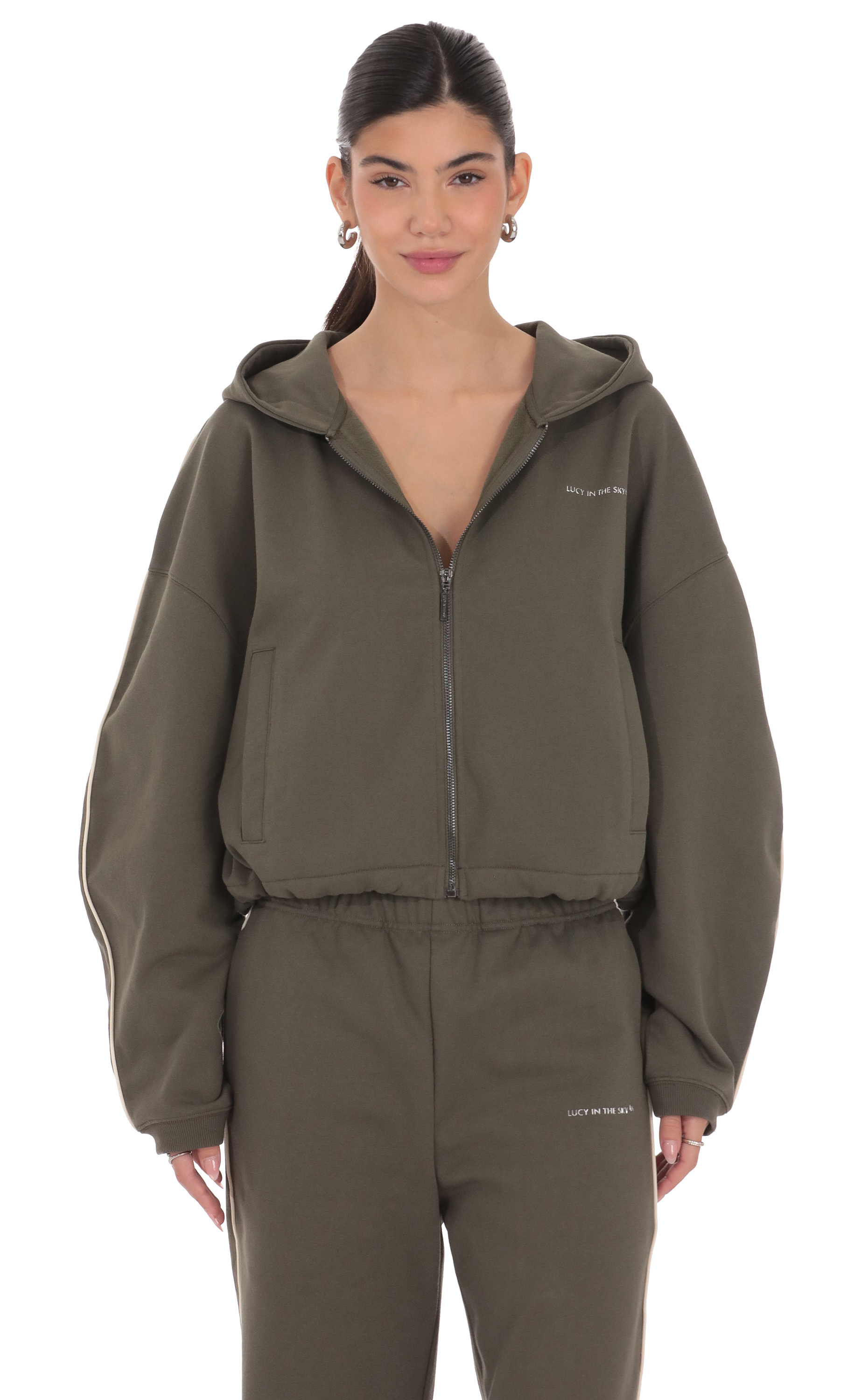 Cropped Cinch Waist Hoodie in Olive Green