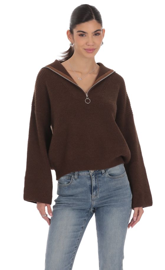 Knit Quarter-Zip Jumper in Brown